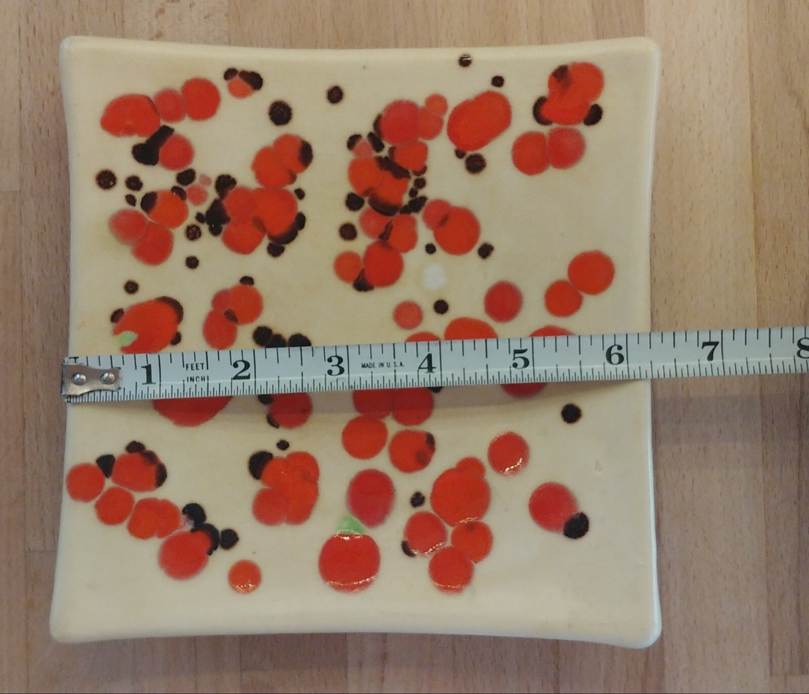 MCM Handmade Studio Art Pottery Curved Square Dish Orange Spotted Glaze 6.25 in²