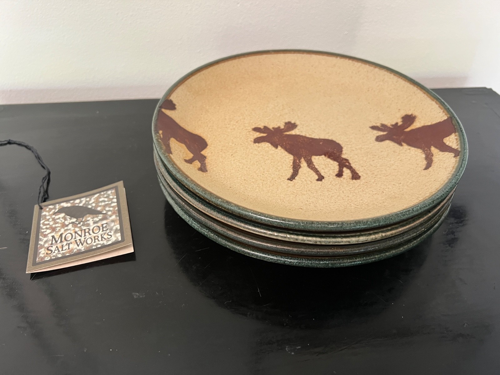 New set of 4 Monroe Salt Works Moose Stoneware Plates Maine Pottery Green Rim 9”