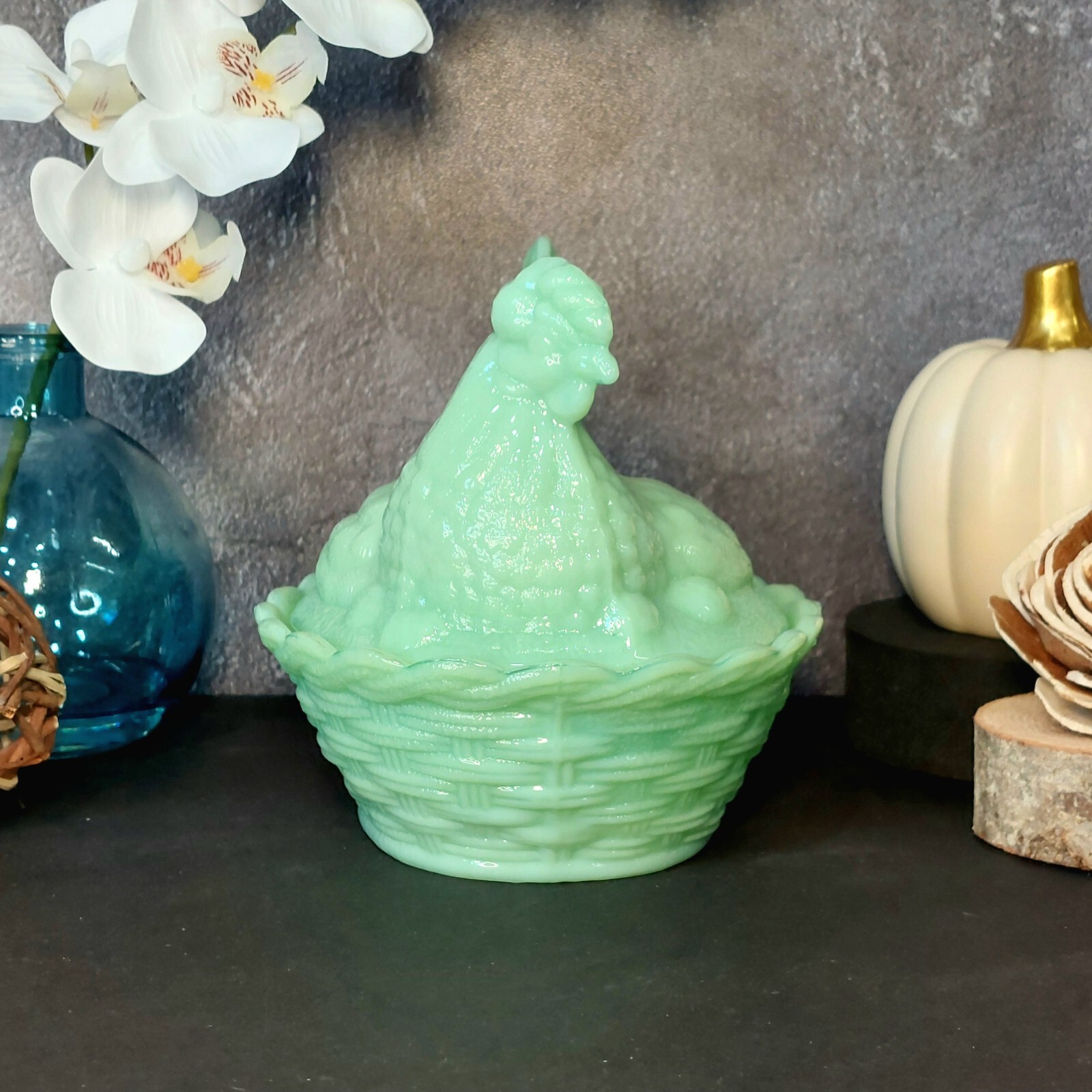 Hen on Nest Chicken Candy Dish, Green Jadeite Glass Depression Style, VTG Style