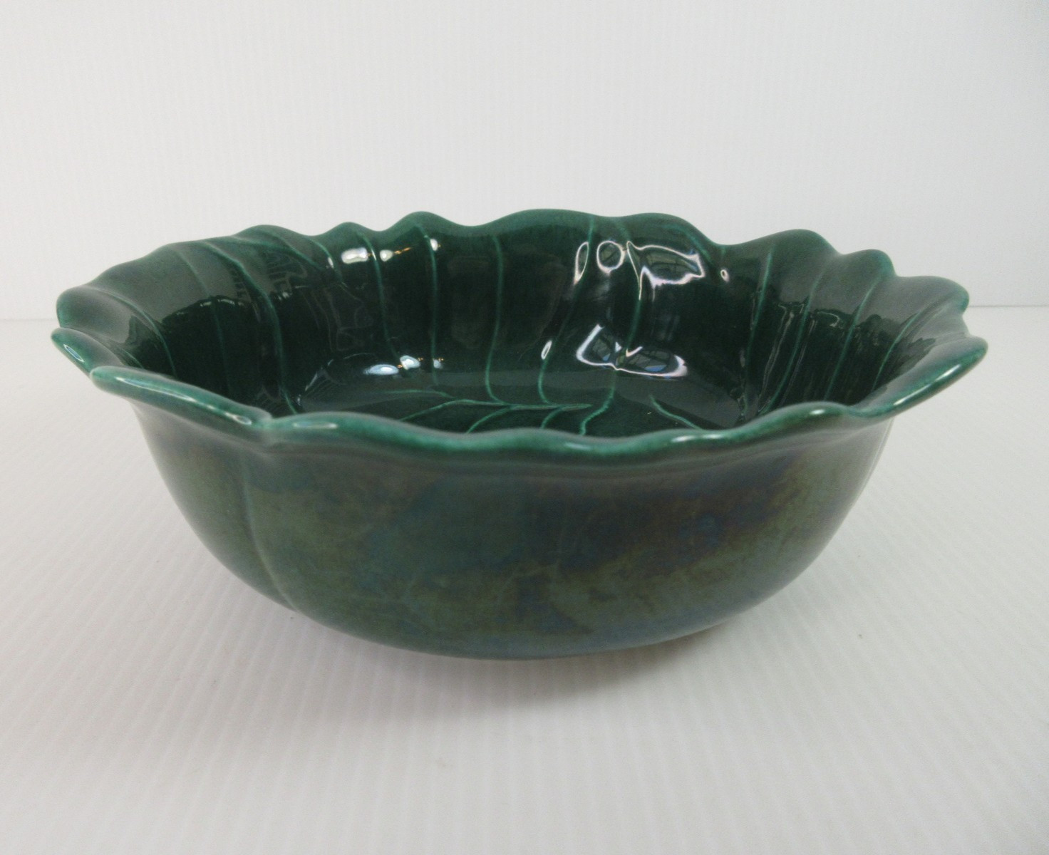 VTG Haeger Dark Green Cabbage Bowl #285B Fluted Edge Made in USA
