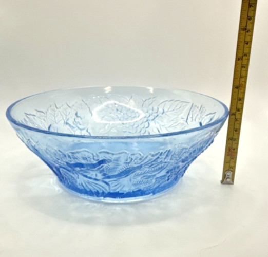 Glass Serving Bowl Ice Blue KIG Indonesia VTG 8.5″ Flower Fruit Apple Pear Grape