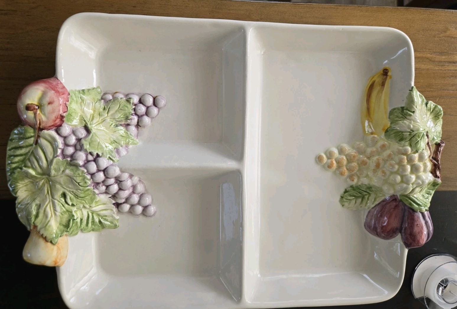 VTG Ceramic sectioned barbotine Serving Tray Made In Portugal Hand Painted Fruit