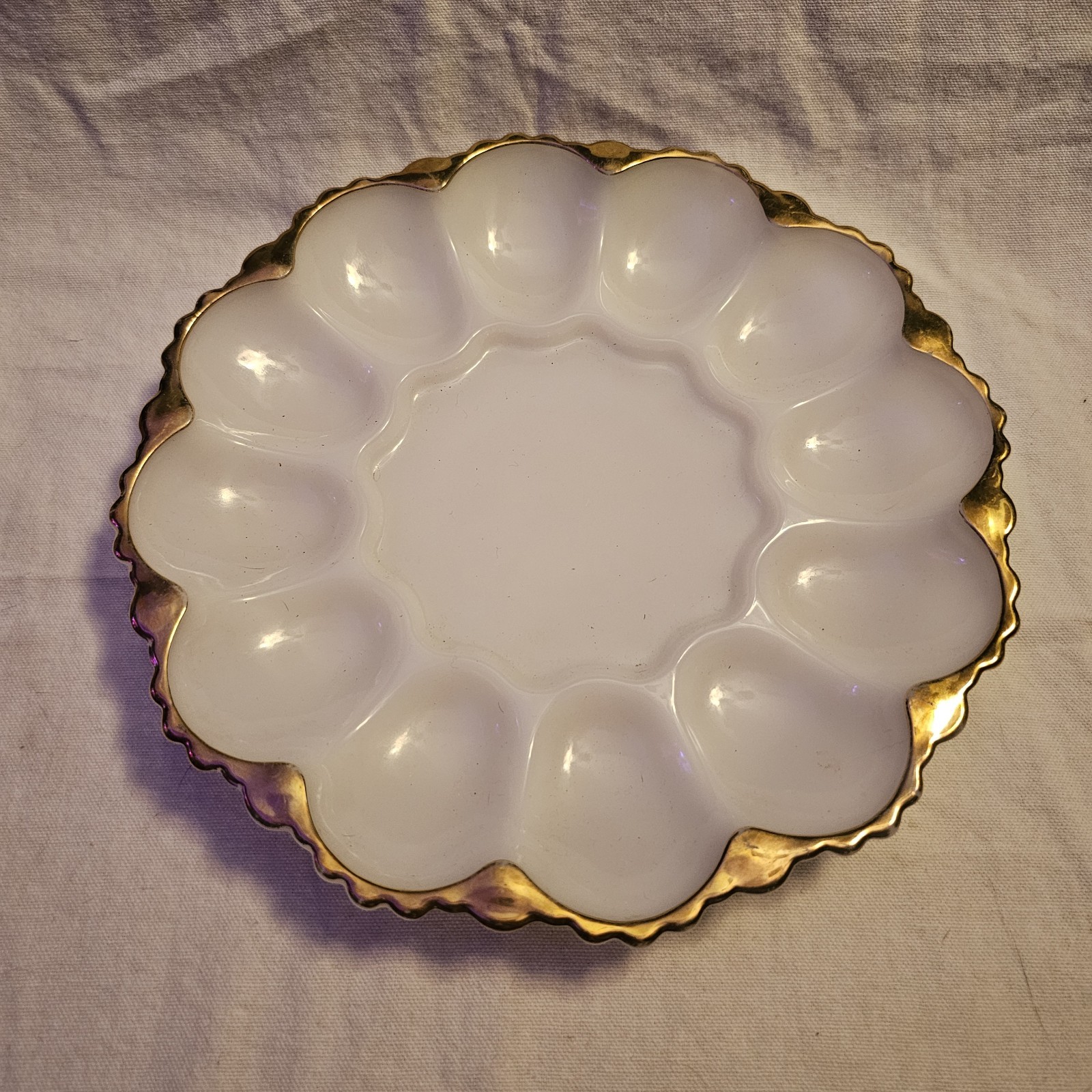 Vintage Anchor Hocking Milk Glass Deviled Egg Plate w/Gold Trim/Edging Flawed