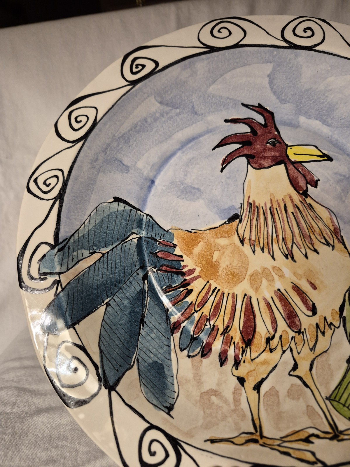 1997 Steve Hasslock 12″ Handpainted ROOSTER Pottery Signed Plate Farm Cottage