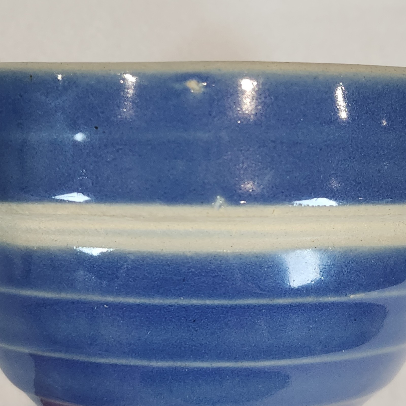 Antique Yellow Ware Cobalt Blue Dough Mixing Bowl w/ Beehive Sides 5” Wide USA