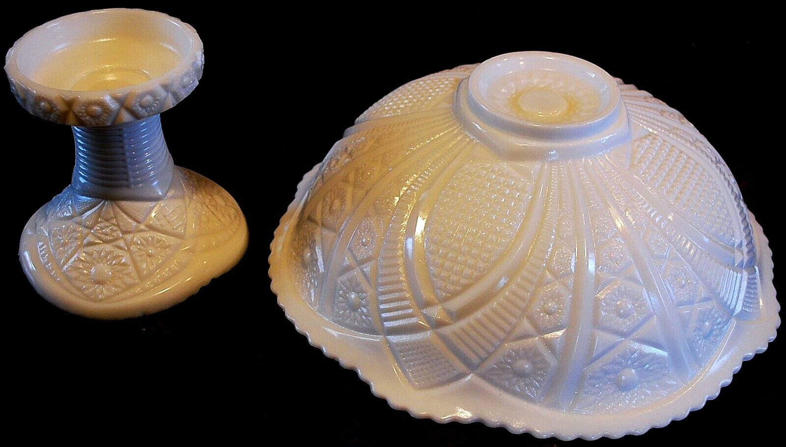 Vtg 1930s McKee THE CONCORD White Milk Glass PUNCH BOWL & PEDESTAL BASE SET 13″