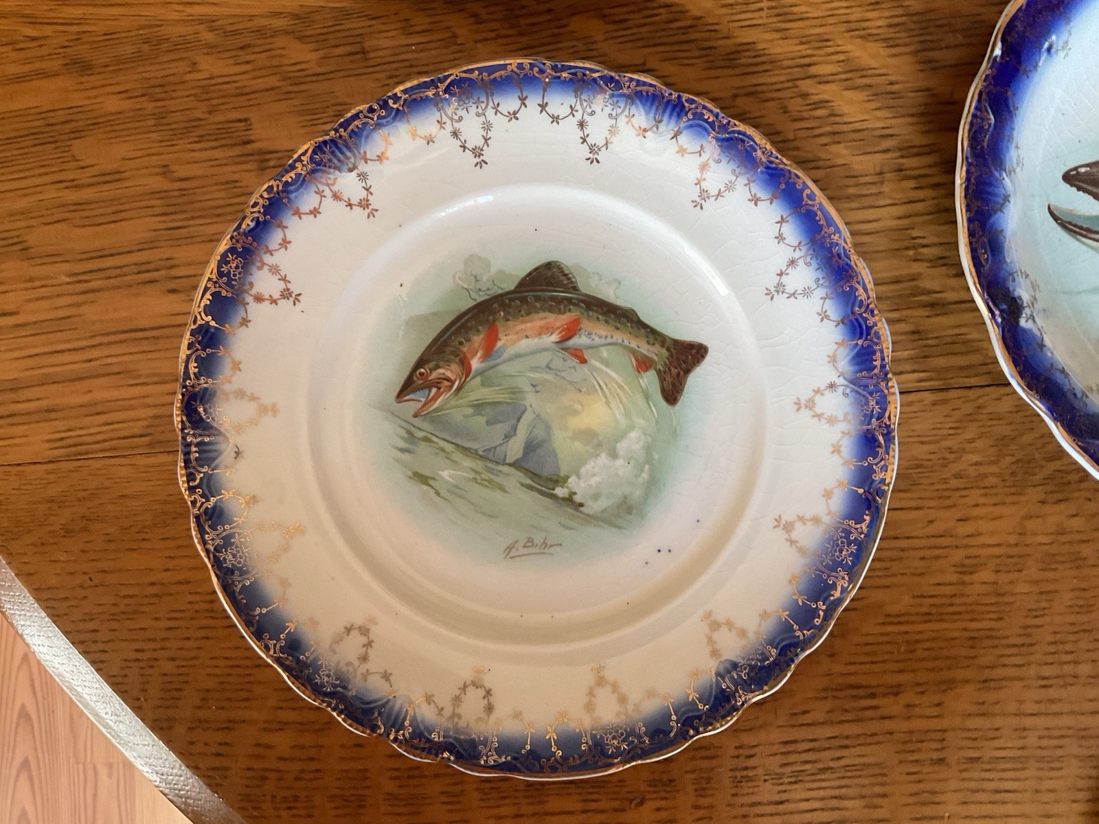 Antique Fish Serving Set, 7 Pc. Gold Rim Flow Blue Feathered Edge