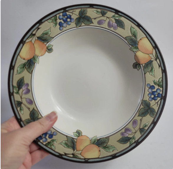 TWO Mikasa Intaglio Garden Harvest Rim Soup Bowls Fruit and Leaves on Rim