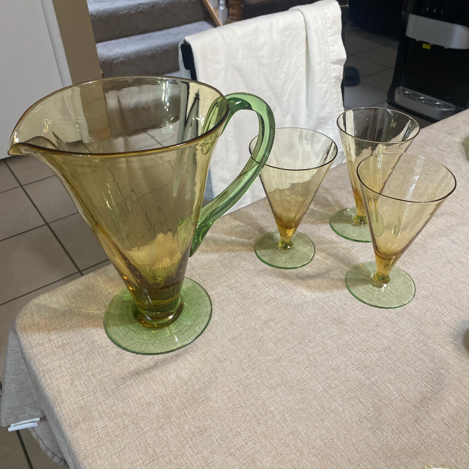 Antique Steuben & Carder Pitcher & 3 Glasses, Topaz Amber & Pomona Green Uranium