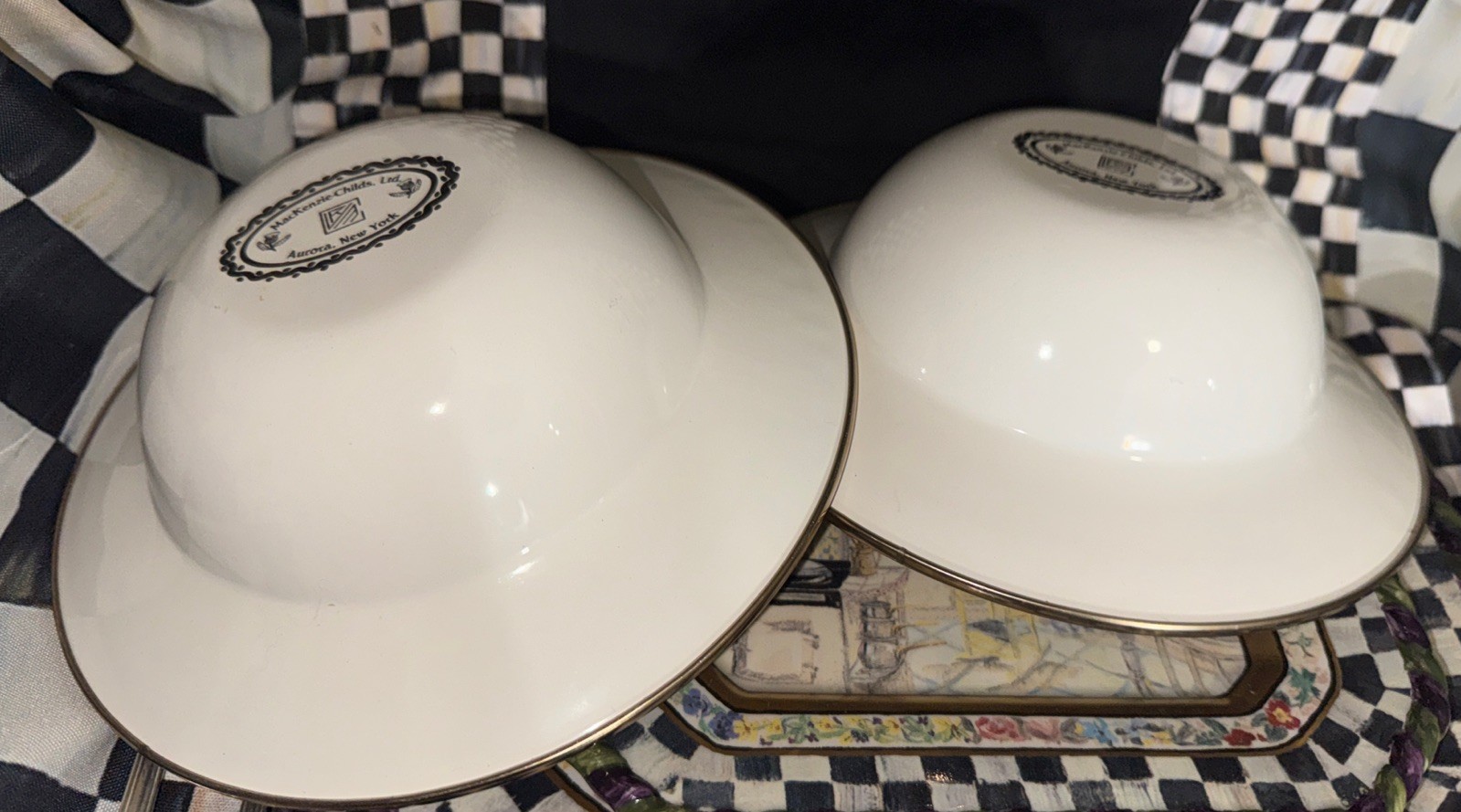 (2) Camp Mackenzie Childs 8” Breakfast Bowls, Courtly Check Enamel