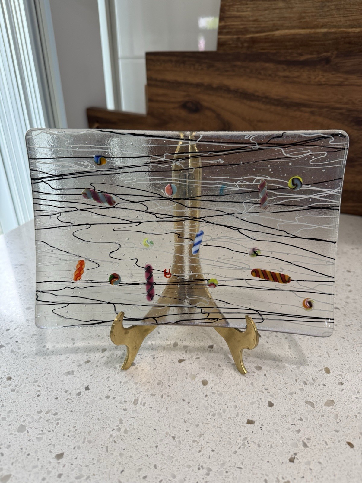 VTG Signed Kurt McVay Mod Iridescent Abstract Geometric Pattern Fused Art Glass