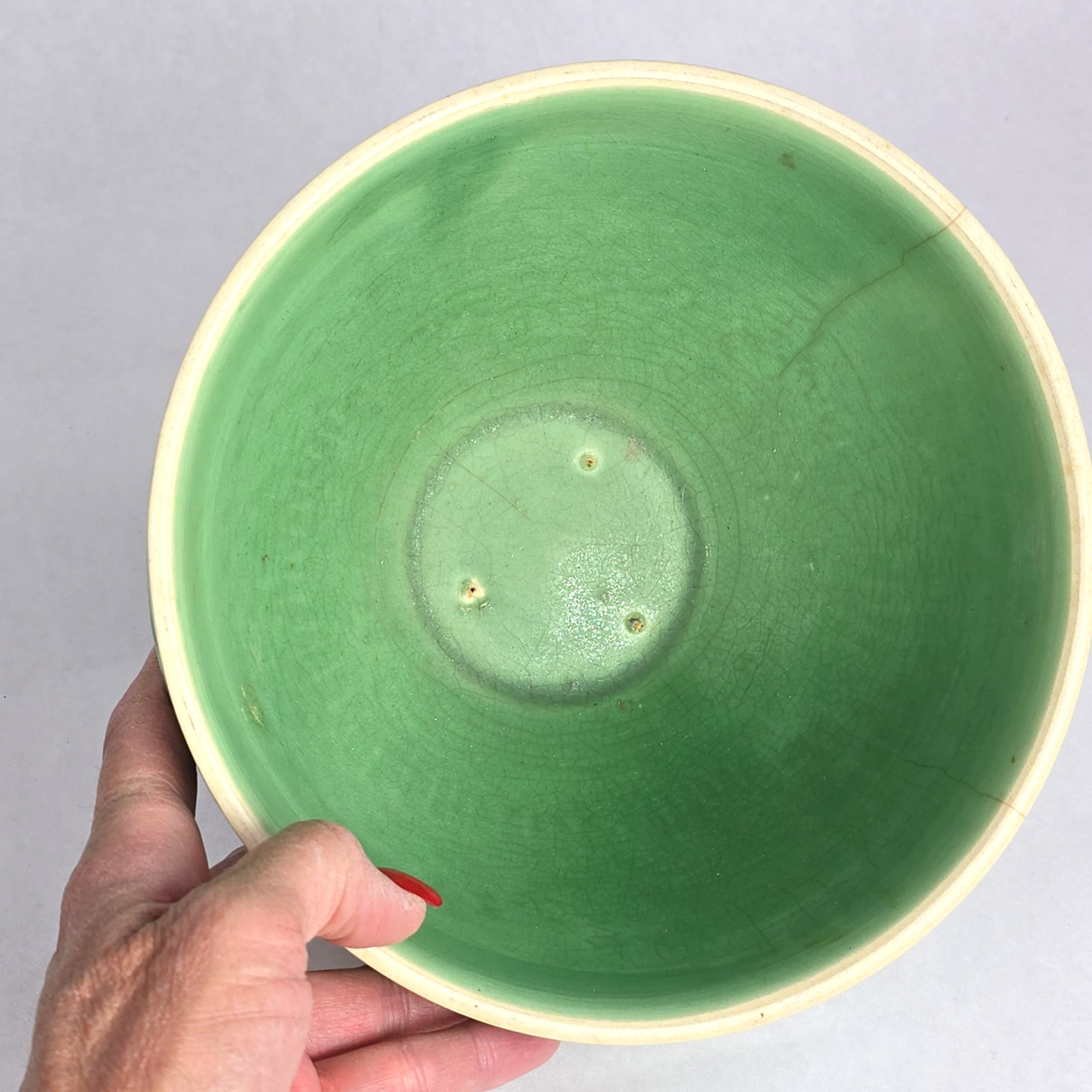 Antique McCoy Yellow Ware Pottery Green Checkerboard Mixing Bowl Med 7.75″
