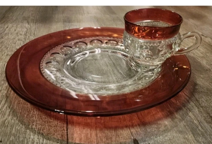Vintage Ruby Flashed Snack Plate & Cup Set Kings Crown Thumbprint Glass Tiffin