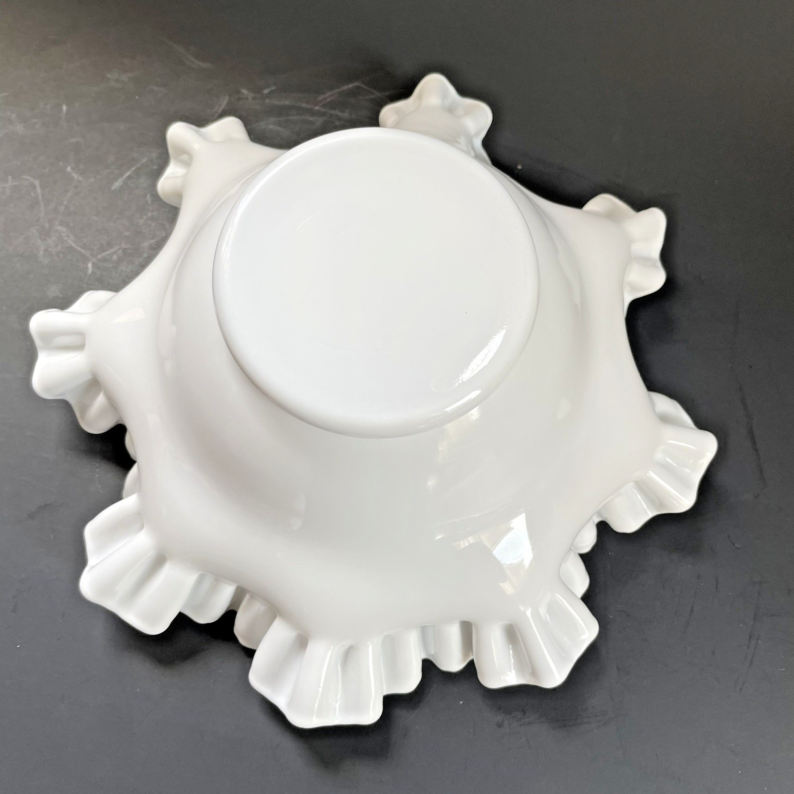 Vintage White Milk Glass Bowl Ruffled & Crimped Edge 9 1/2” x 4 1/2” tall