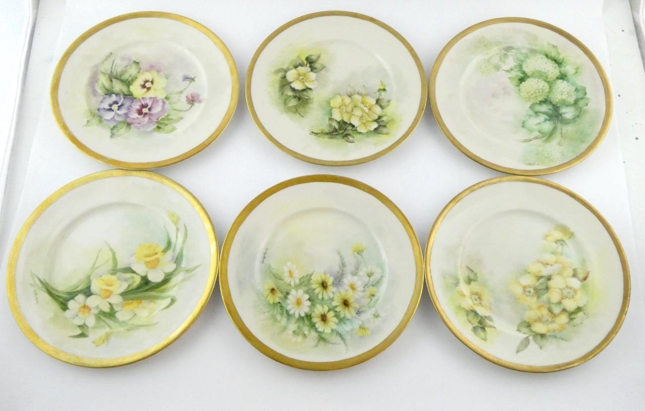 6 Hand Painted Vintage 1970s Porcelain Salad Plates Flowers Hydrangea Daisy VGC