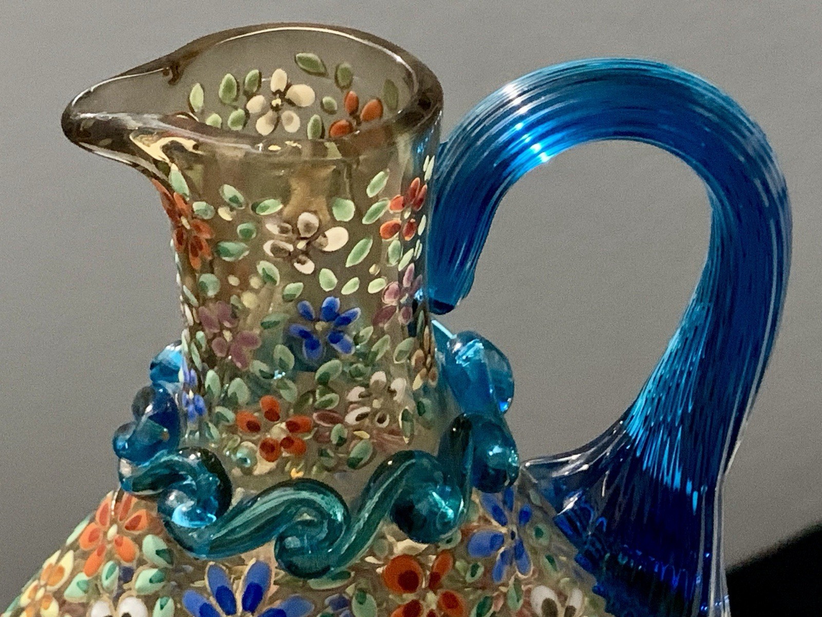 Vintage Rare Moser Hand Painted Multicolor Floral Art Glass Pitcher with Handle