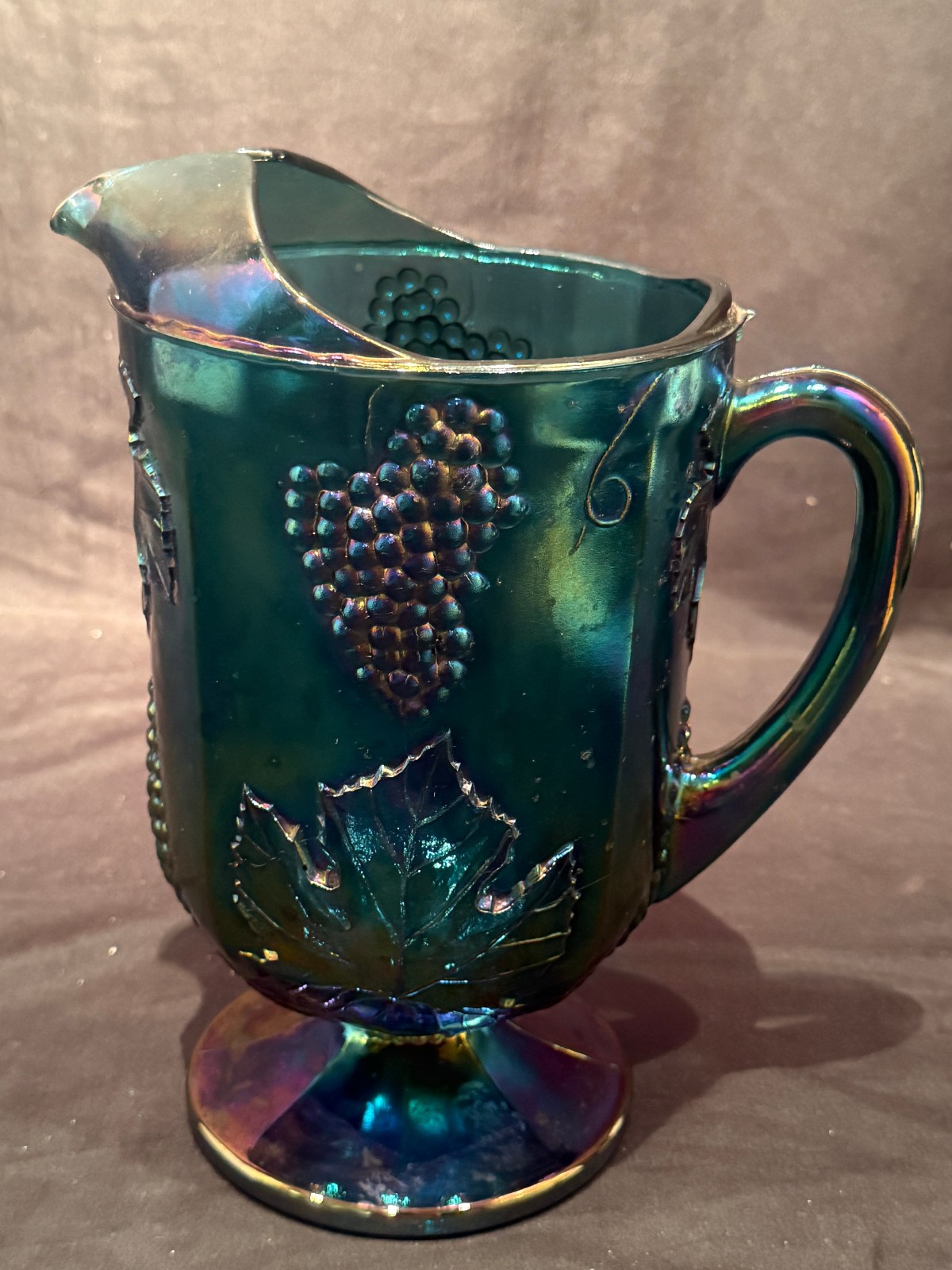 Harvest Grape & Leaf Indiana Art Glass Carnival Iridescent Blue Water Pitcher