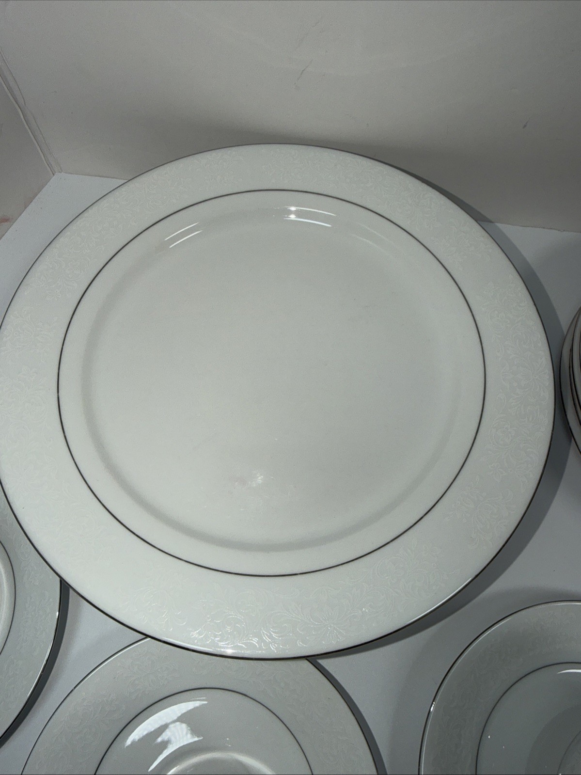 Fine China Set Of 30 Pieces White On White Floral Silver Trim Vintage