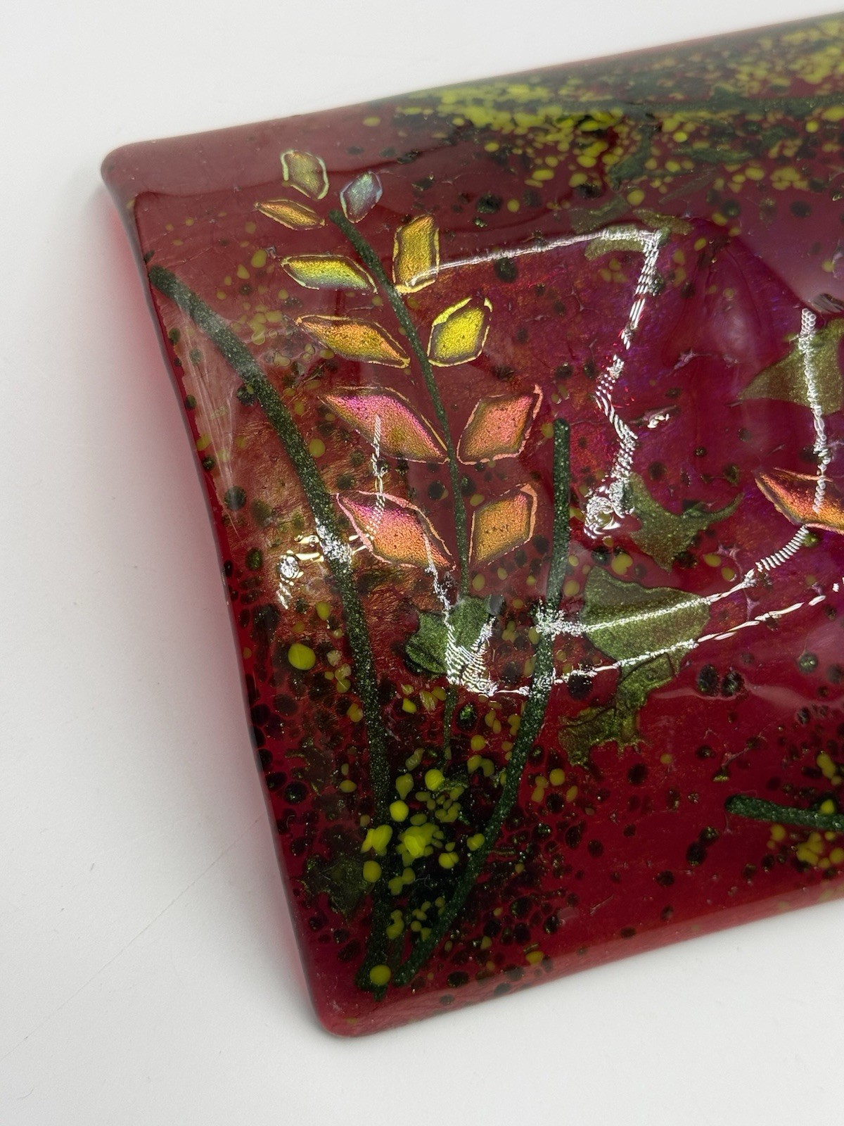 Fused Art Glass Red Green With Iridescent Leaves Rectangle Curved Decor Signed
