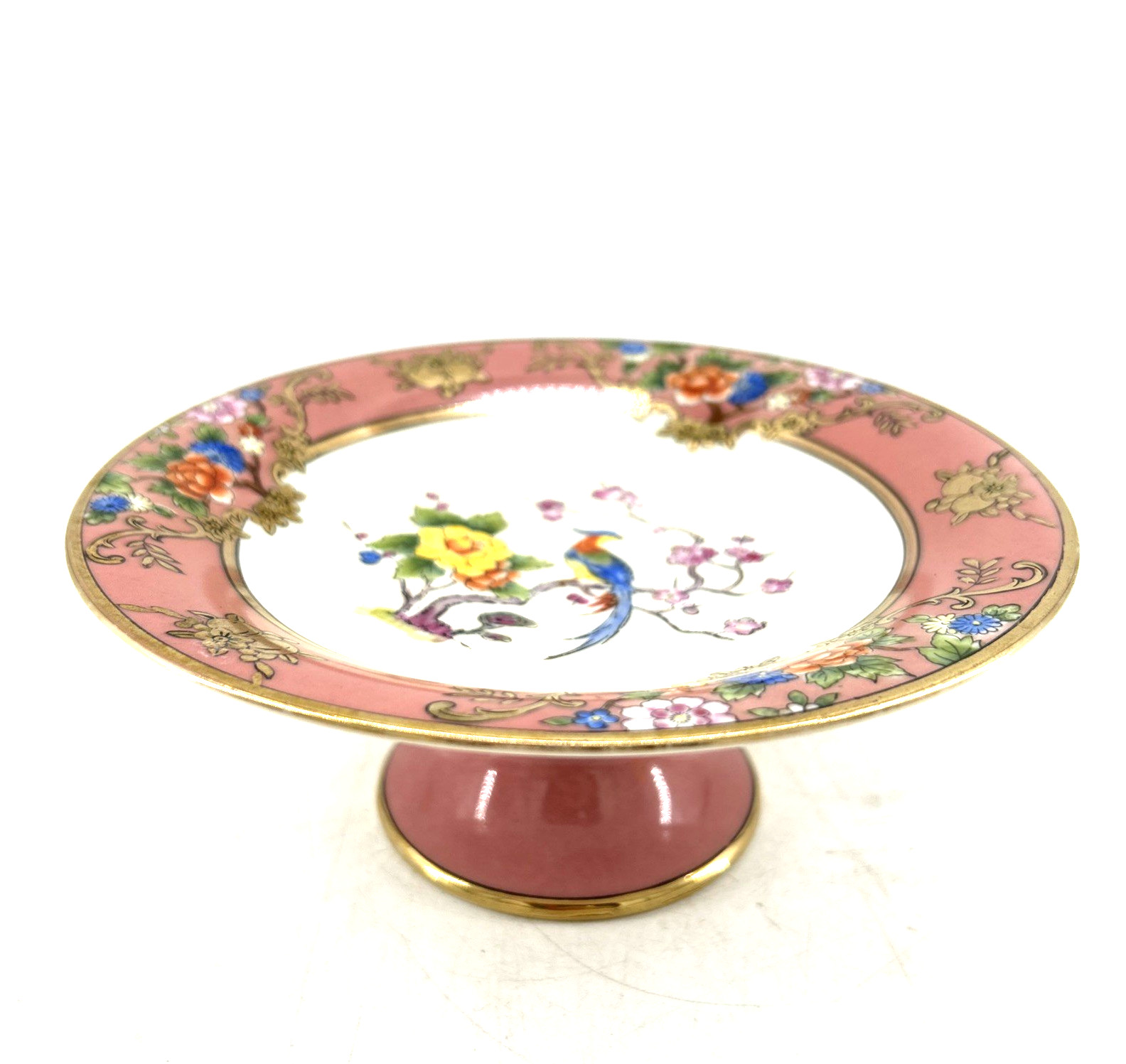 Noritake Pink Pedestal Floral Bird Gold Trim Dessert Candy Server 6.5″