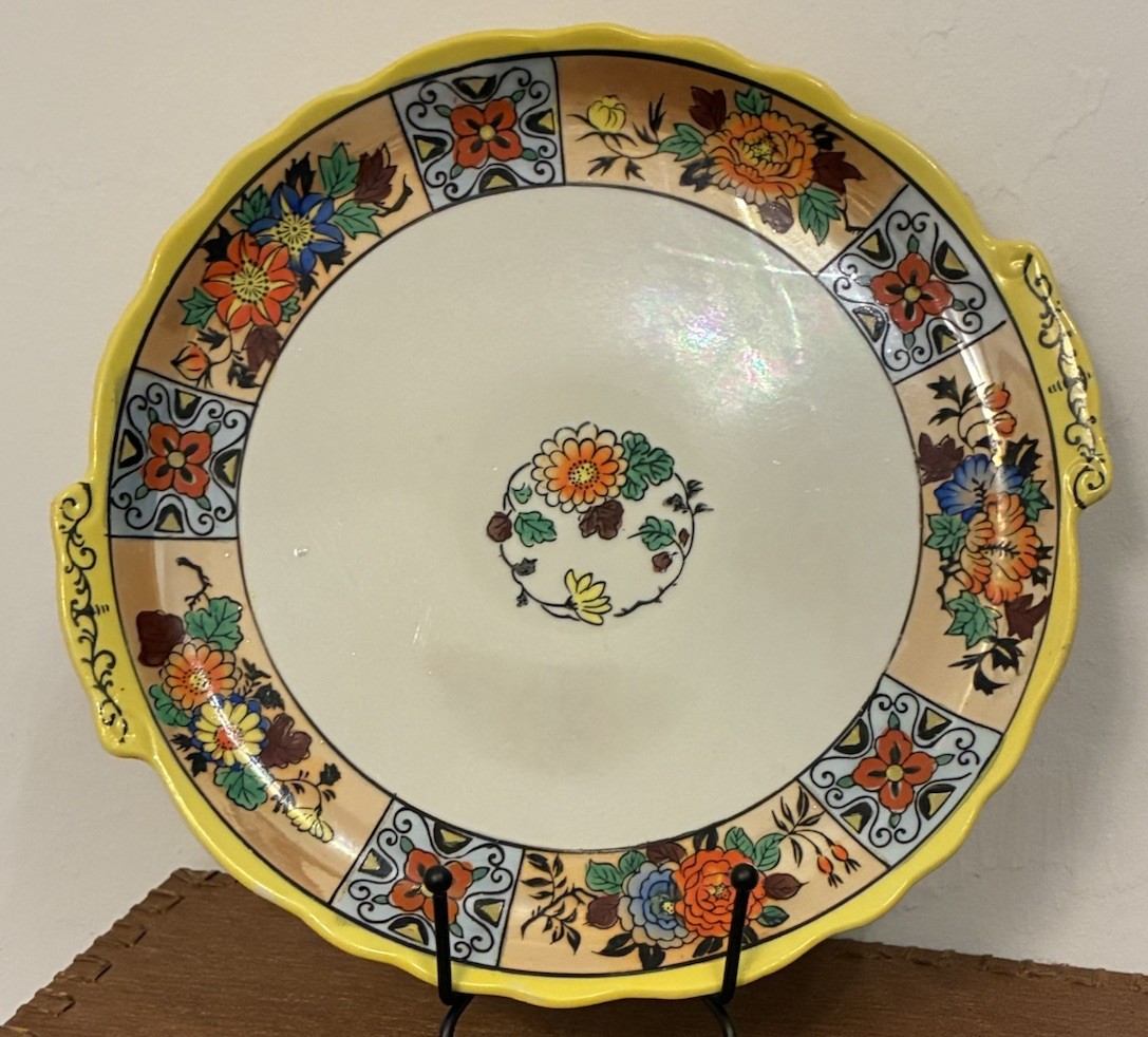 Vintage Hand Painted Japan Floral Platter 12” Yellow Handled Round Mid Century