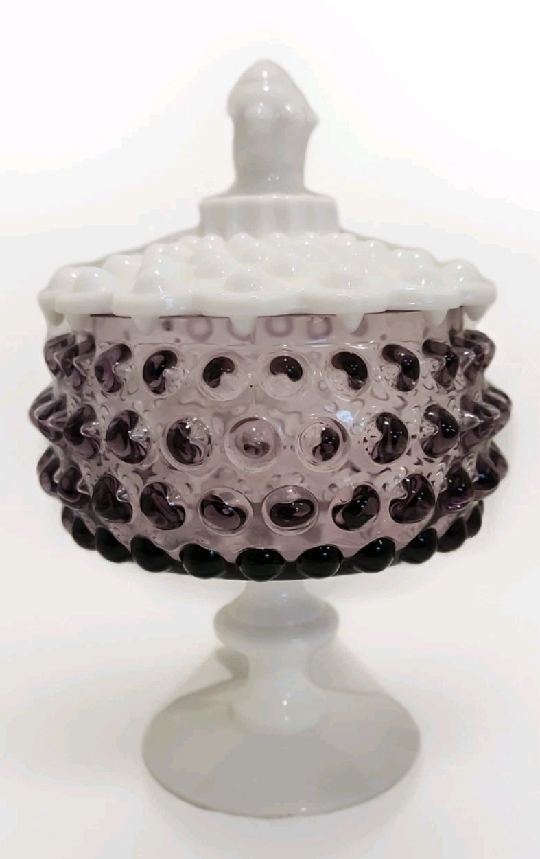 ​Vintage Imperial Amethyst Purple Hobnail Milk Glass Covered Candy Dish Compote