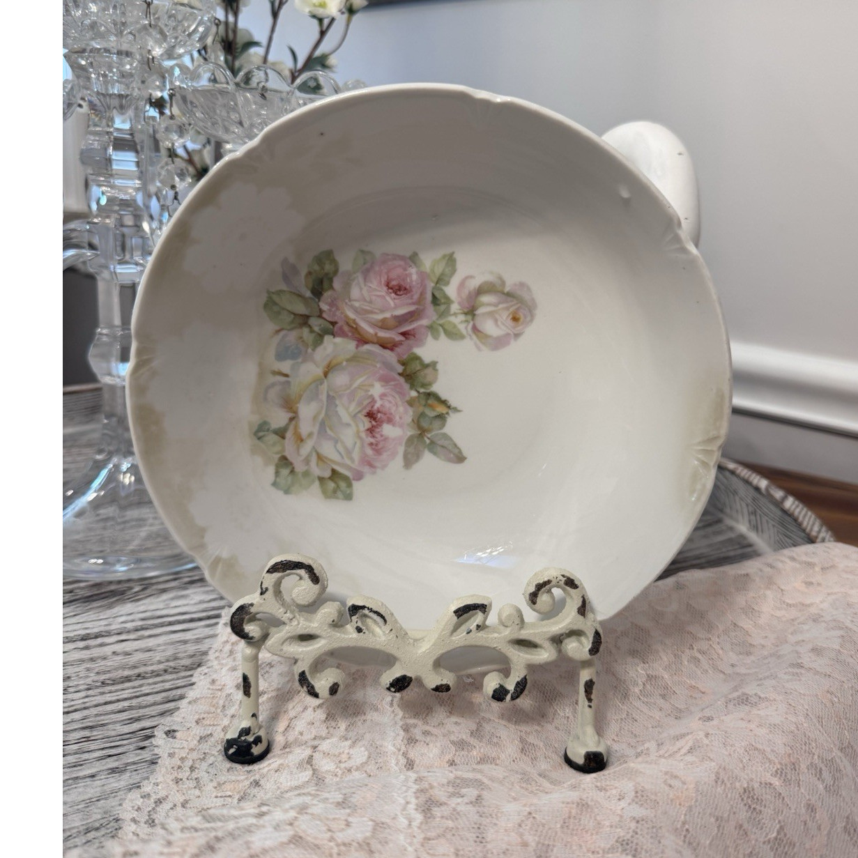 Haviland Porcelain Bowl White Pink Green Floral Rose Pattern Round Glossy
