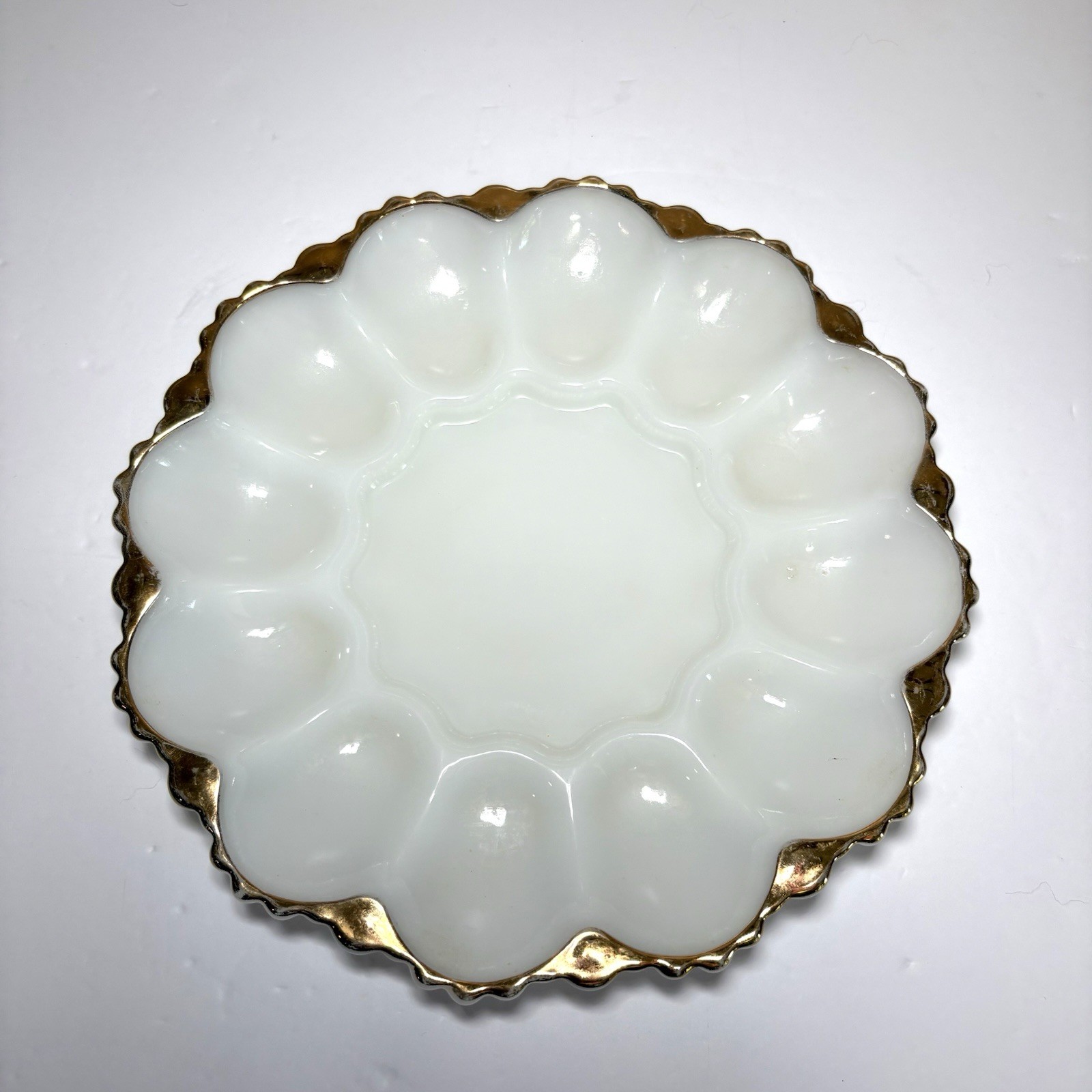 Vintage Anchor Hocking White Milk Glass Gold Trim Deviled Egg Plate 10”