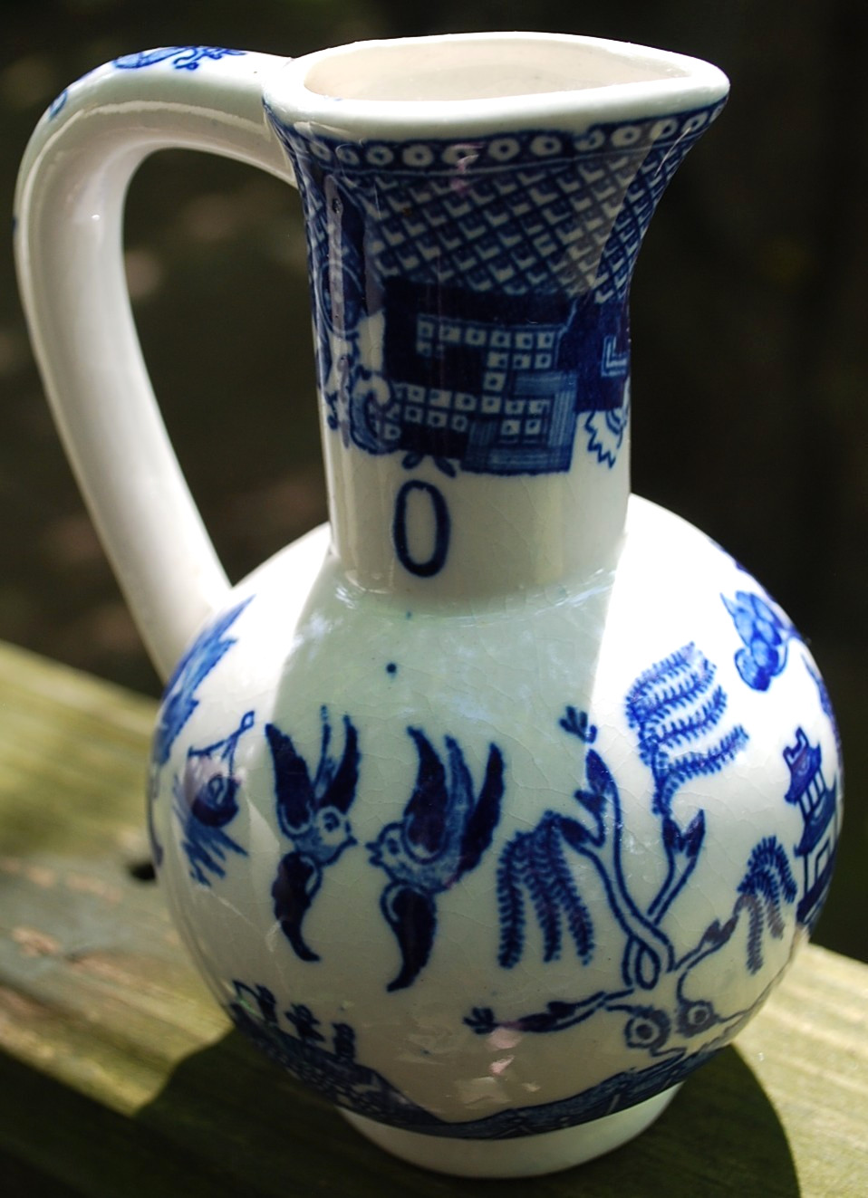 Vtg Set 2 BLUE WILLOW Oil & Vinegar Cruets OLD STYLE Japan w Label 5″ ASIAN Exc