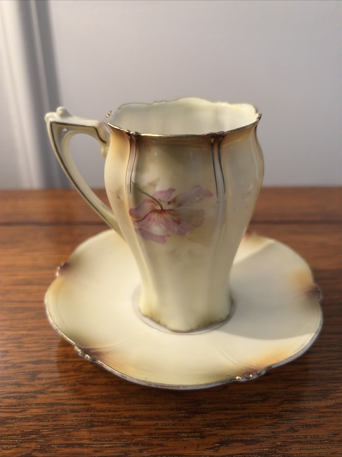 Antique RS PRUSSIA Floral Chocolate Cup & Saucer Set Pink Flowers Red Mark READ