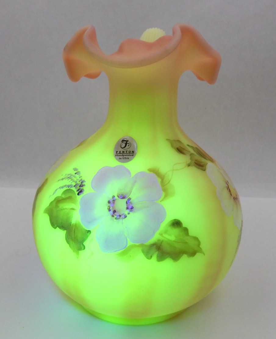 FENTON BURMESE URANIUM GLASS BILL FENTON 56 YEARS ANNIV. PITCHER, SIGNED, 6-1/2″