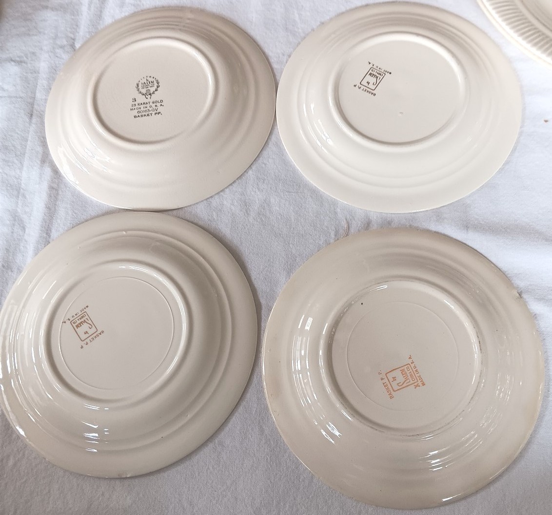 6 Salem Basket Petit Point Plates Dinner & Bread & Butter Victory Cross Stitch