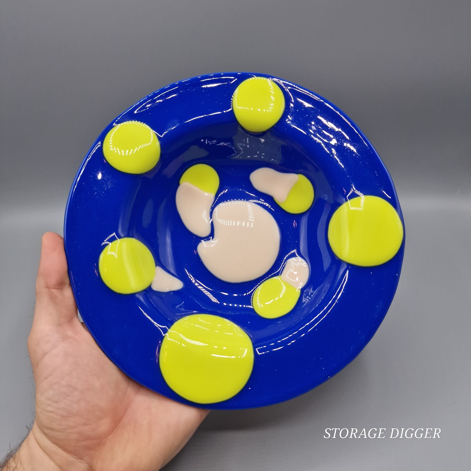 Vintage Glass Mac Studio 30144 Cobalt Blue Round Bowl Yellow & Pink Glaze Dots