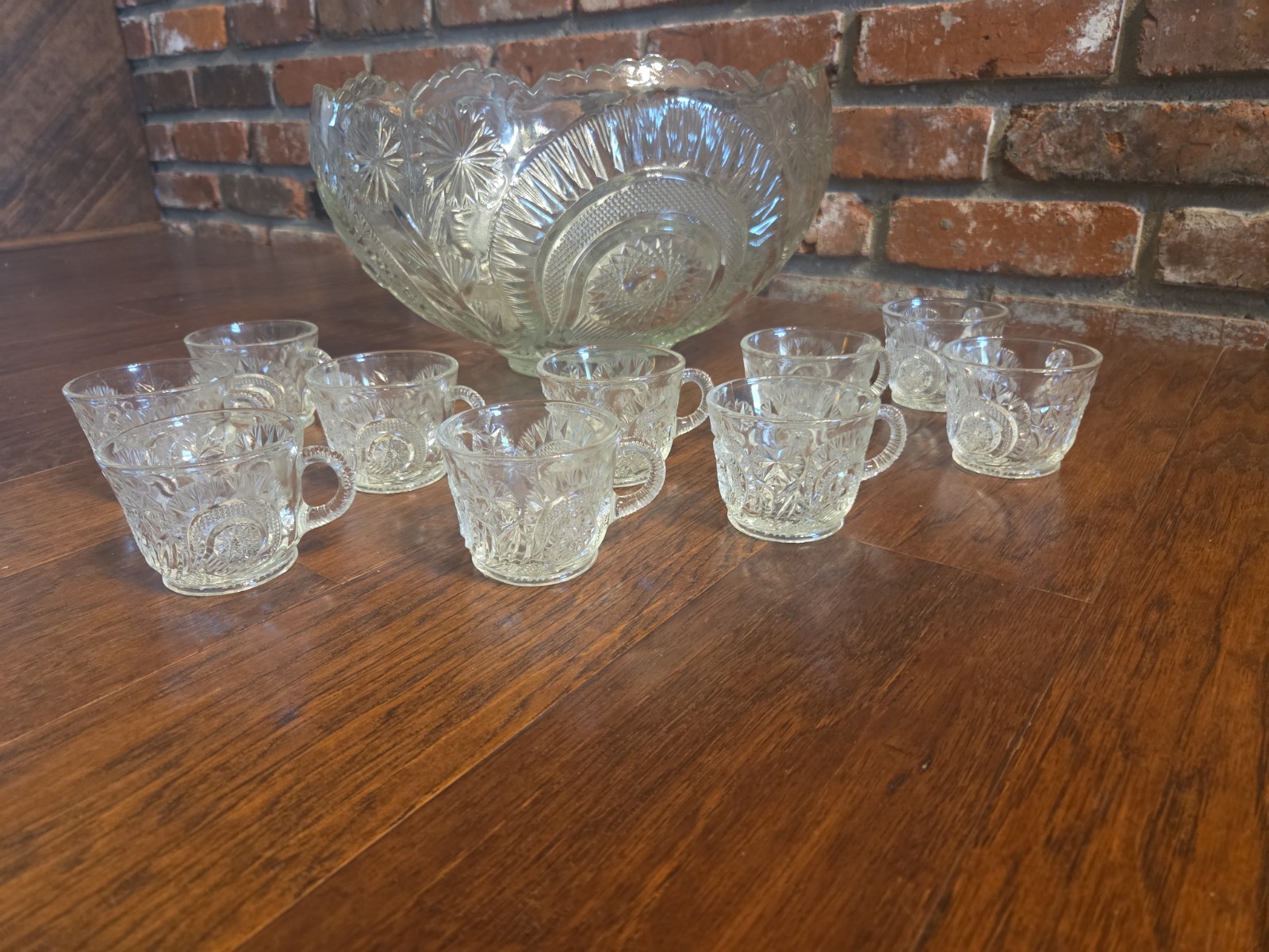 Vintage LE Smith Pinwheel & Stars Punch Bowl + 10 cups Set EUC clear glass Large