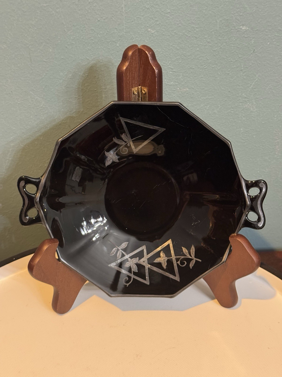 Fostoria Fairfax EBONY Black Glass Lemon Plate Bow Handles Silver Overlay 8.5”