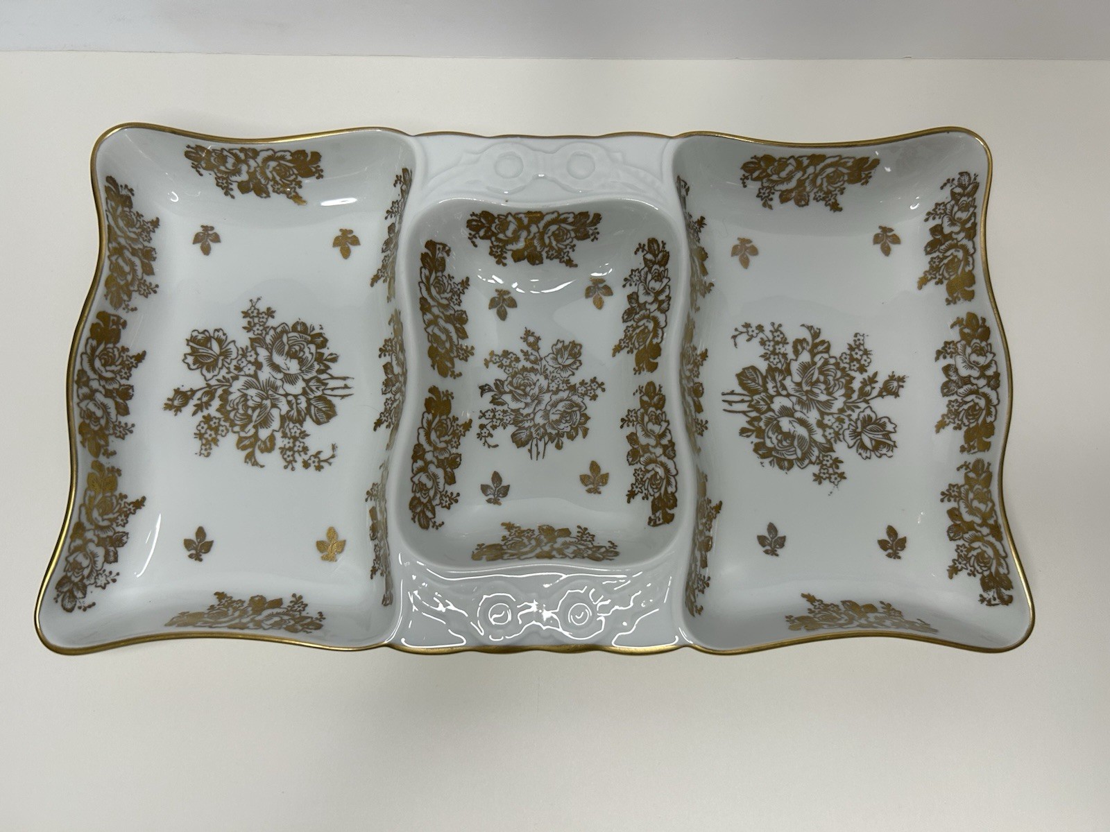 Vntg LIMOGES France Gold FLORAL Pattern 3 Parts Divided Rectangular Serving Dish