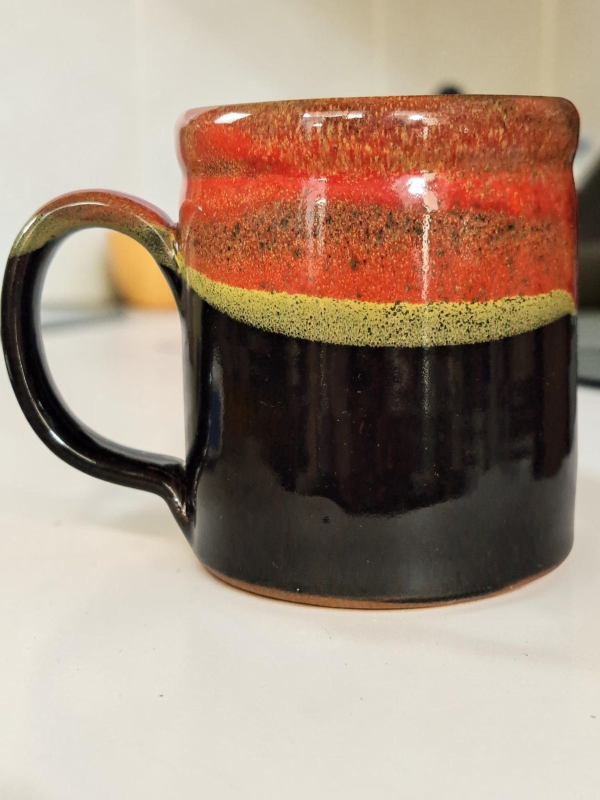 Snap-On Deneen Pottery Handmade Ceramic Coffee Mug 16 oz Red Drip Glaze USA