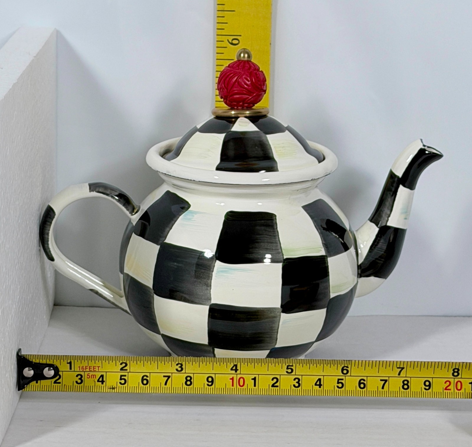 MacKenzie-Childs Courtly Check 4 Cup Enamel Teapot Red Finial Hand Painted