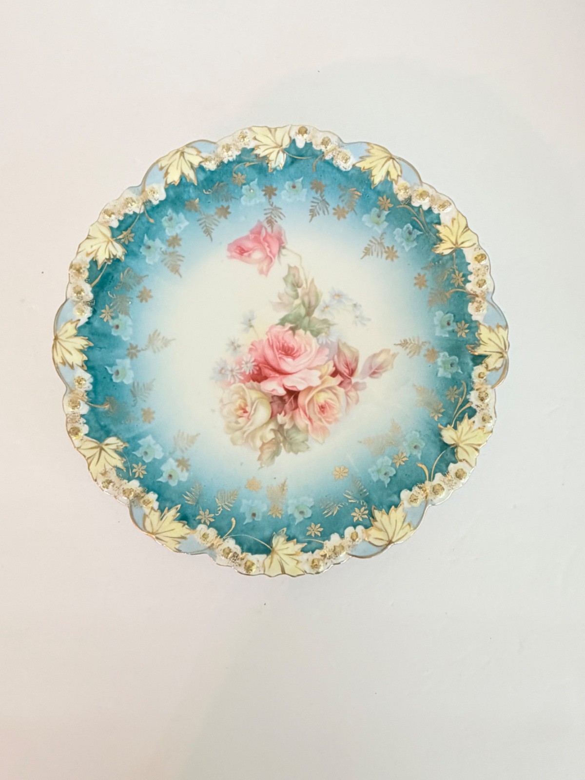 Bohemia Porcelain Hand Painted Rose Cabinet Plate Teal Blue Gold Gilt 9″
