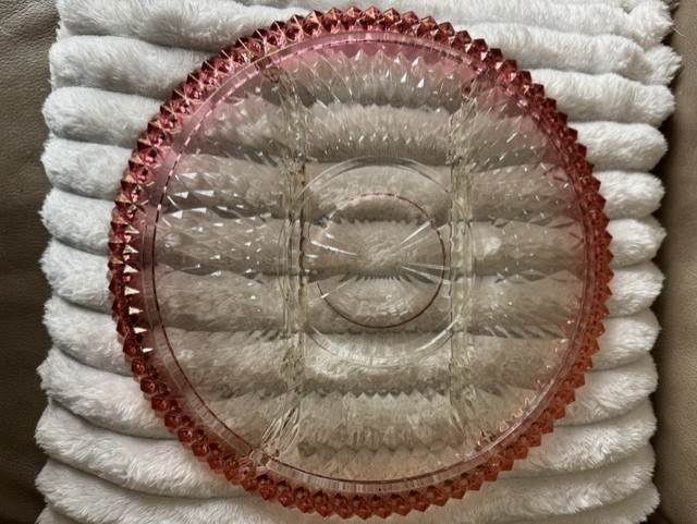 Vintage Indiana Glass Diamond Point Ruby Flash 12″ Divided Relish Dish 3-Part