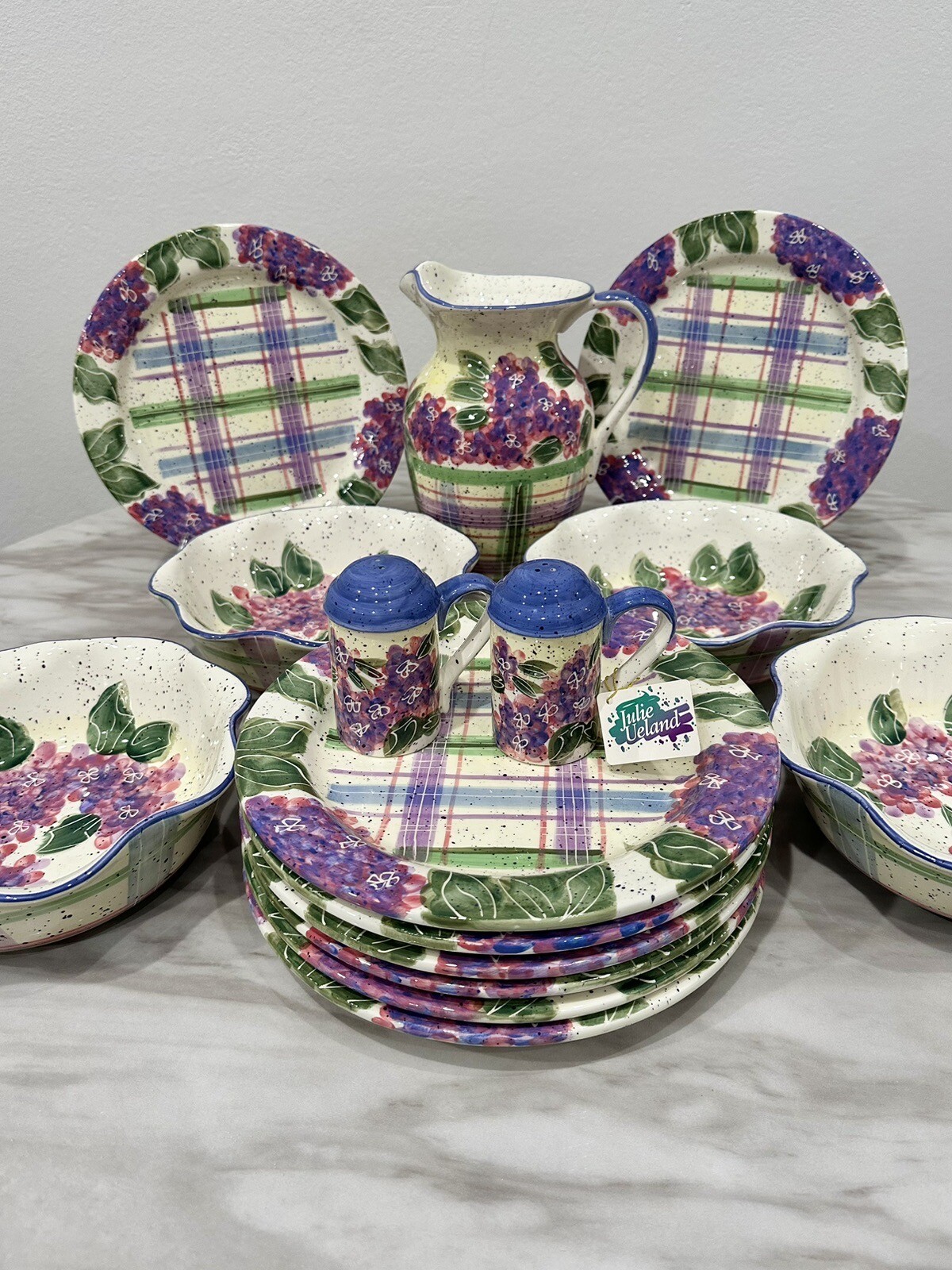 Vintage 15 Piece Enesco Julie Ueland Dinner Set Purple Hydrangeas Flowers Plates