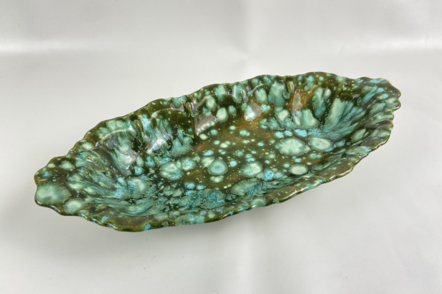 Vintage 1965 Green Glazed Ceramic Oblong Dish Retro Speckled Teal Red