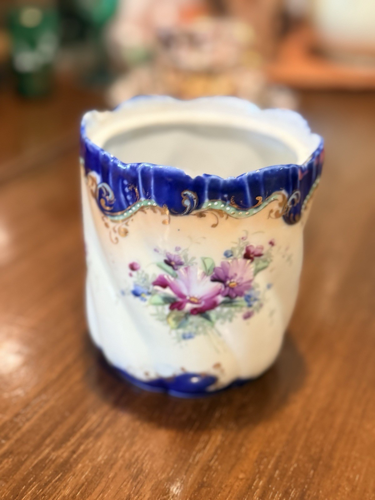 Antique Victorian Hand Painted Porcelain Jar Cobalt Blue Gold Gilt Floral