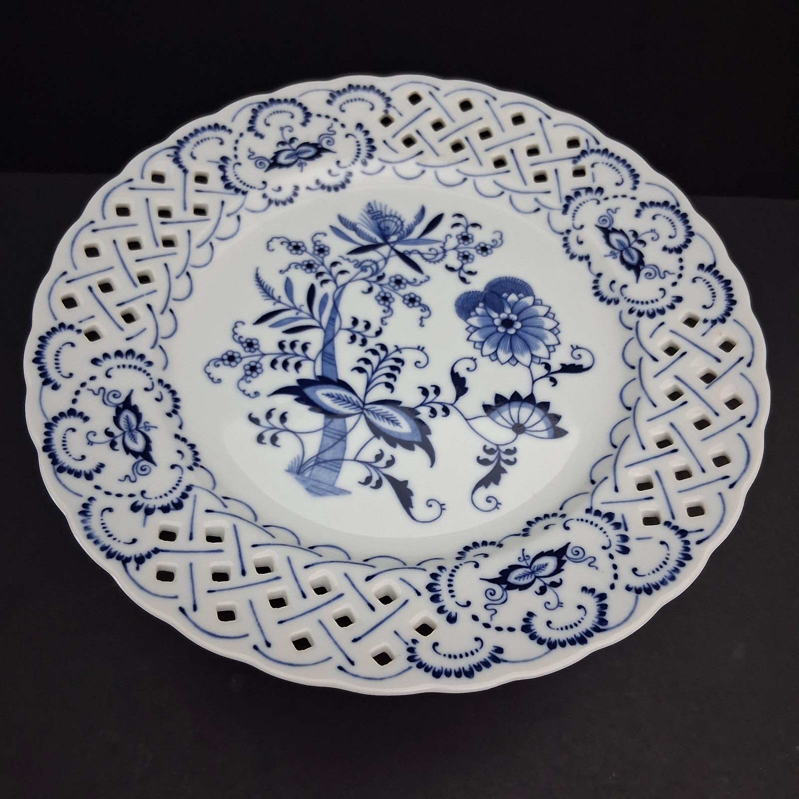 2PC Vintage Blue Danube Round Compote Meissen Pierced Pedestal Porcelain