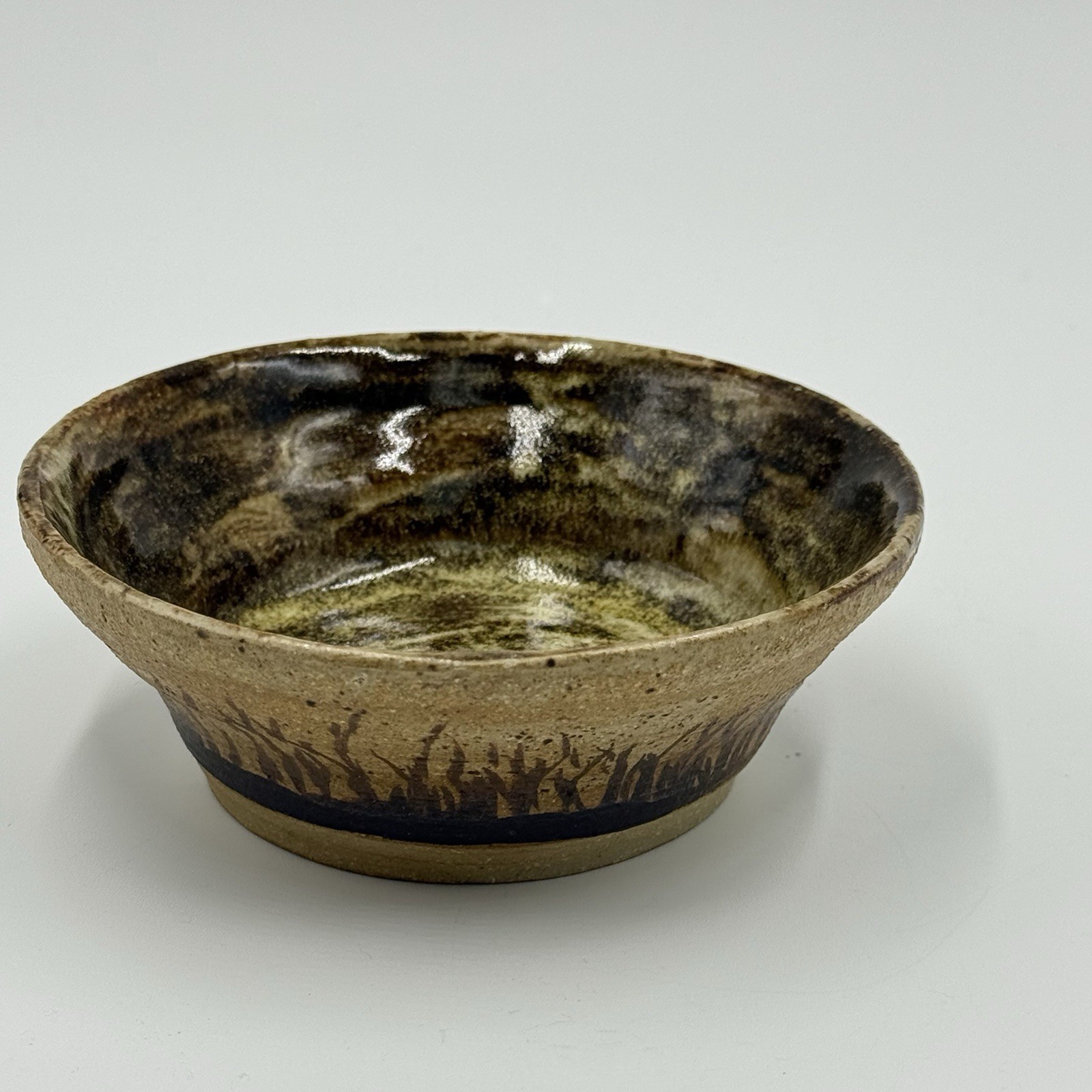 Studio Art Pottery Marc Hansen Stoneware Vintage MCM 5” Bowl Painted Grass