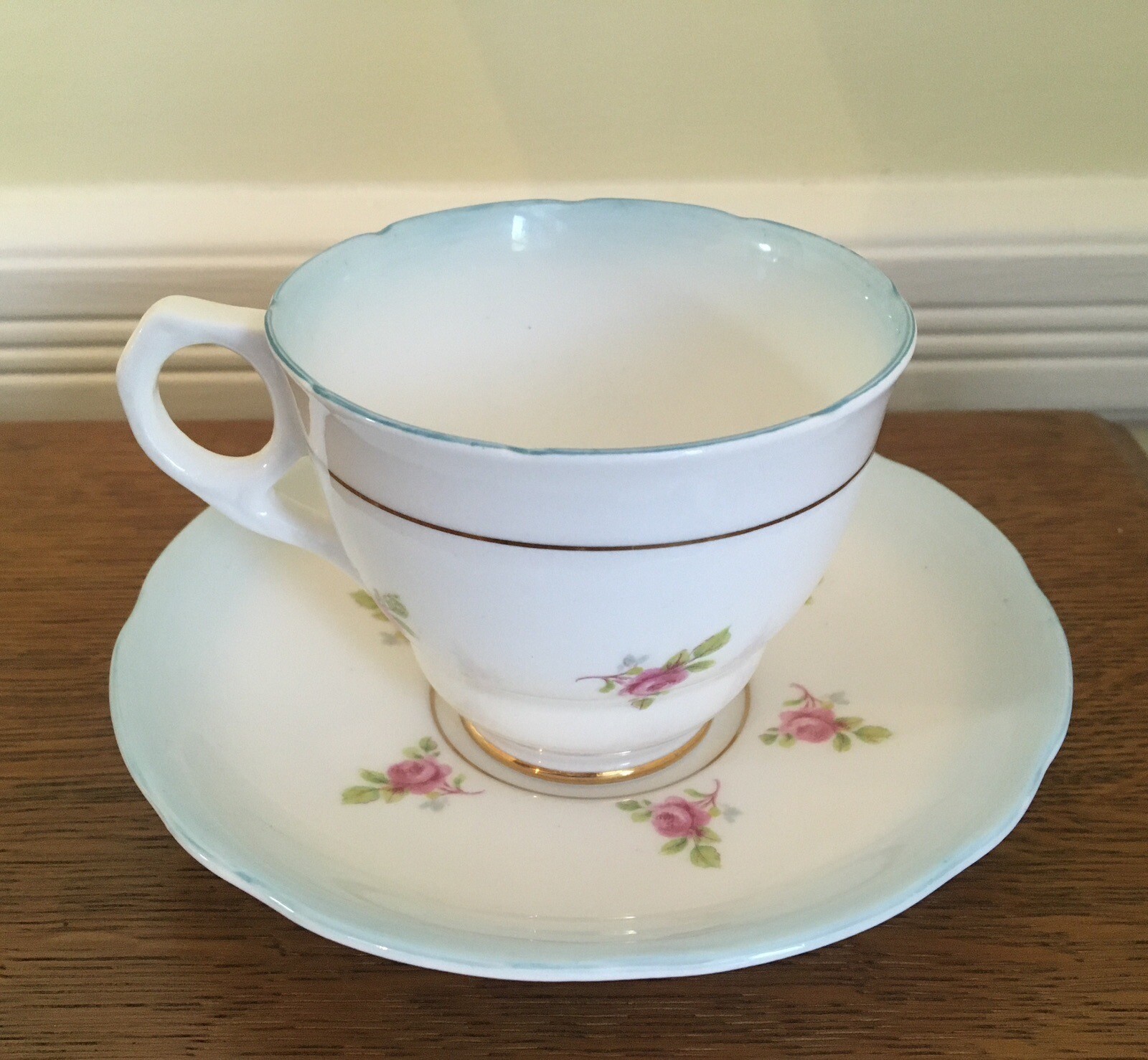 Royal Stafford Roses Pale Blue Teacup Saucer Bone China Gold Trim England 1940s