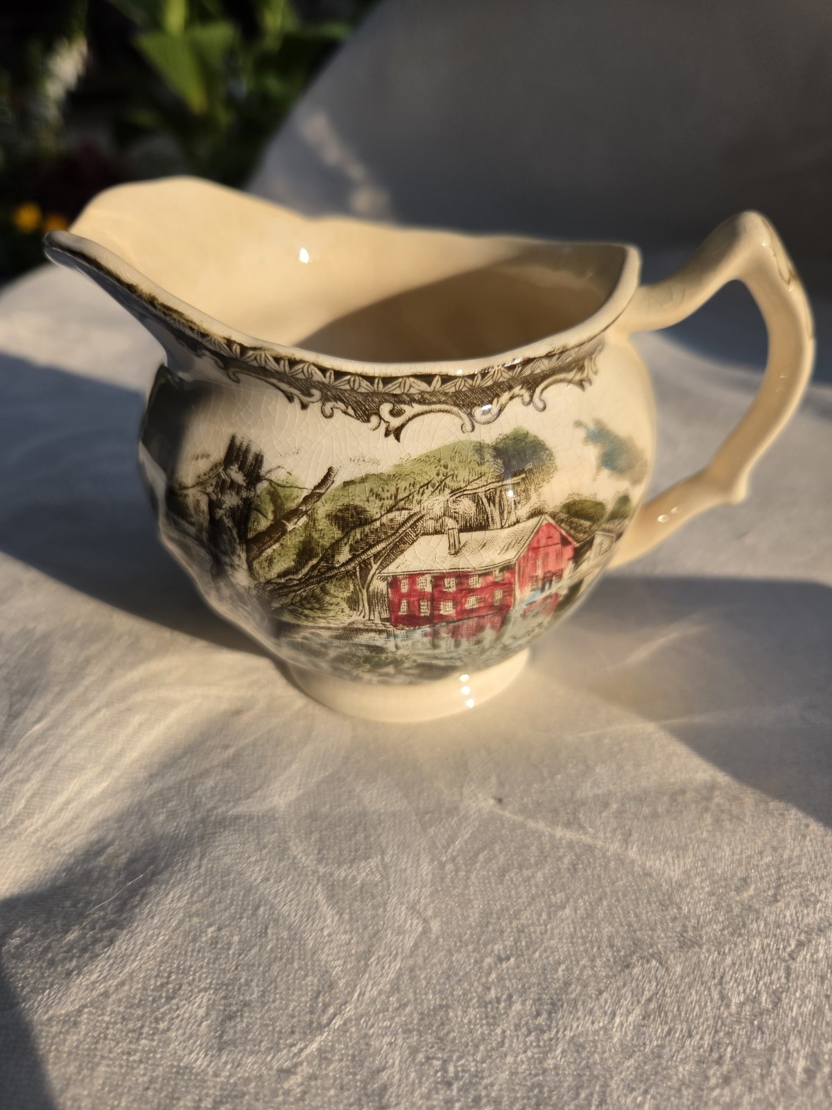 Johnson Friendly Village Creamer Pitcher Vintage With A Red Old Mill