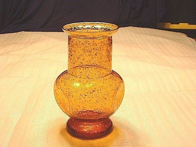 Antique Victorian Amber Spangle Glass Pinched Sided Vase With Silver Flakes