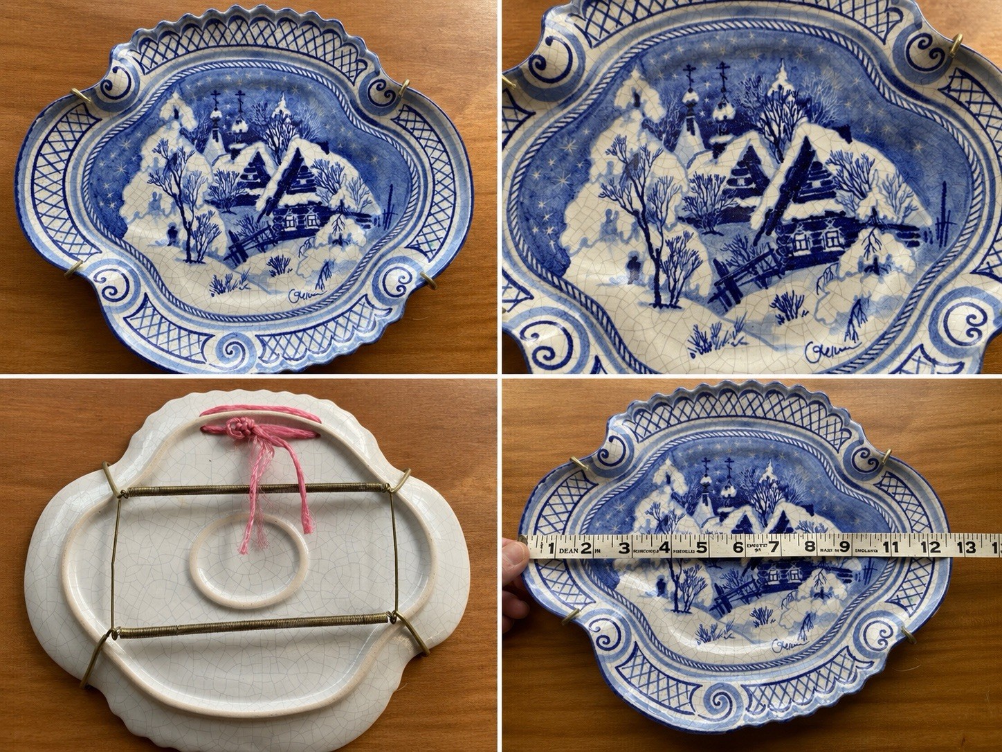 Vintage Blue & White Crackle Glaze Winter Village Decorative Wall Plate |