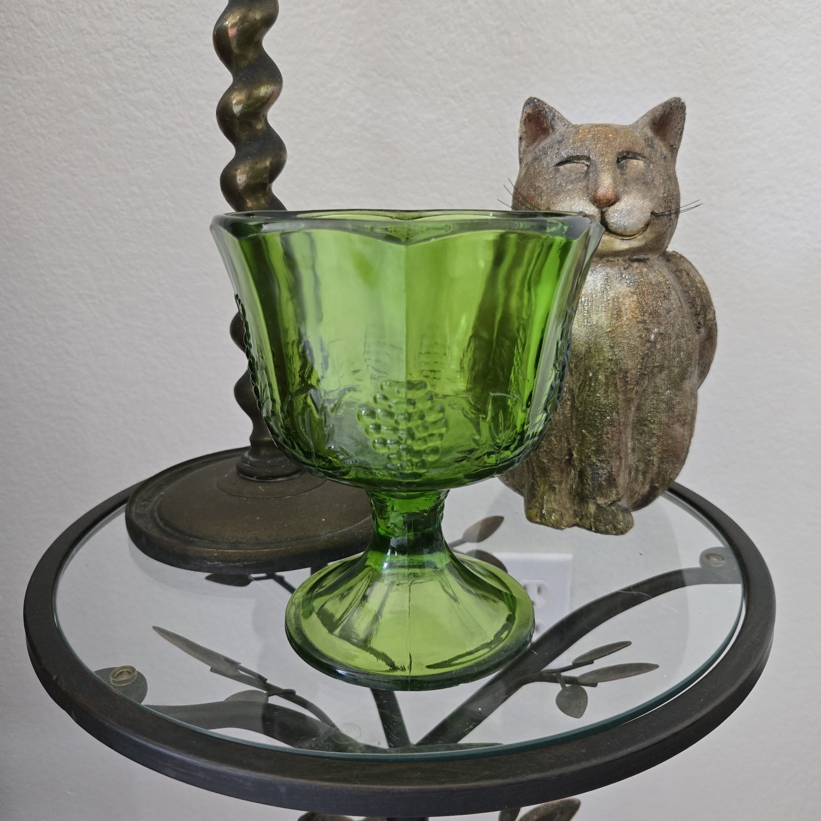 Vintage Indiana Glass Harvest Grape Forest Green Footed Comport Dessert Bowl
